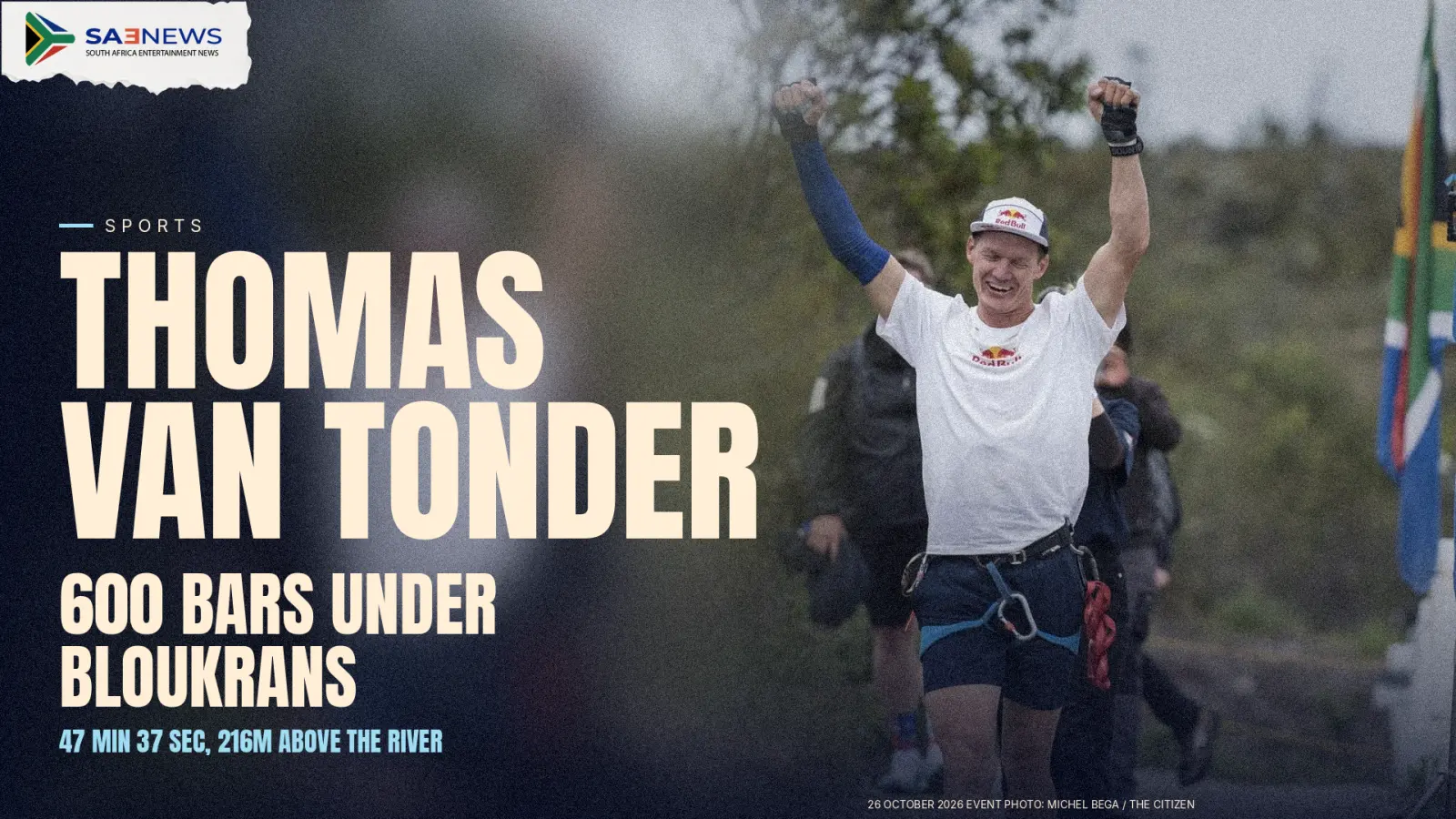 Thomas van Tonder crosses 600 monkey bars under the Bloukrans Bridge arch, 216m above the river